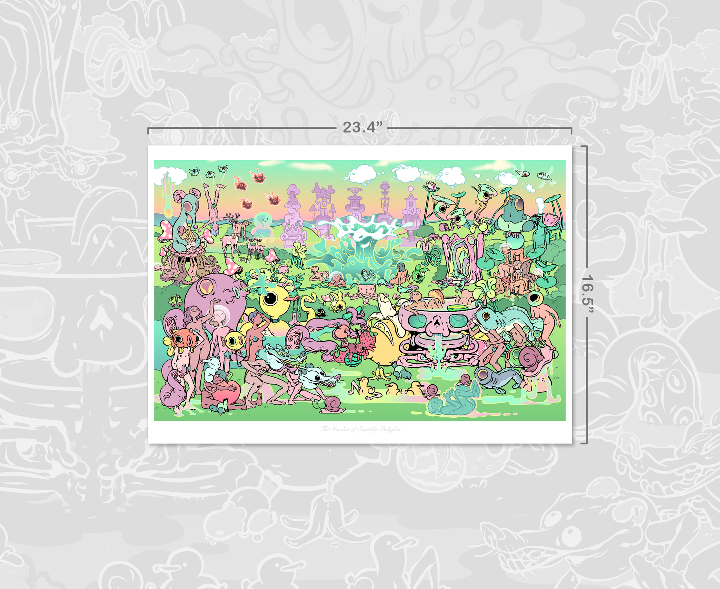 Earthly Delights art print by Twei, featuring intricate, colorful scenes inspired by surreal and natural elements. Displayed in a clean, minimal frame to highlight its vivid details.
