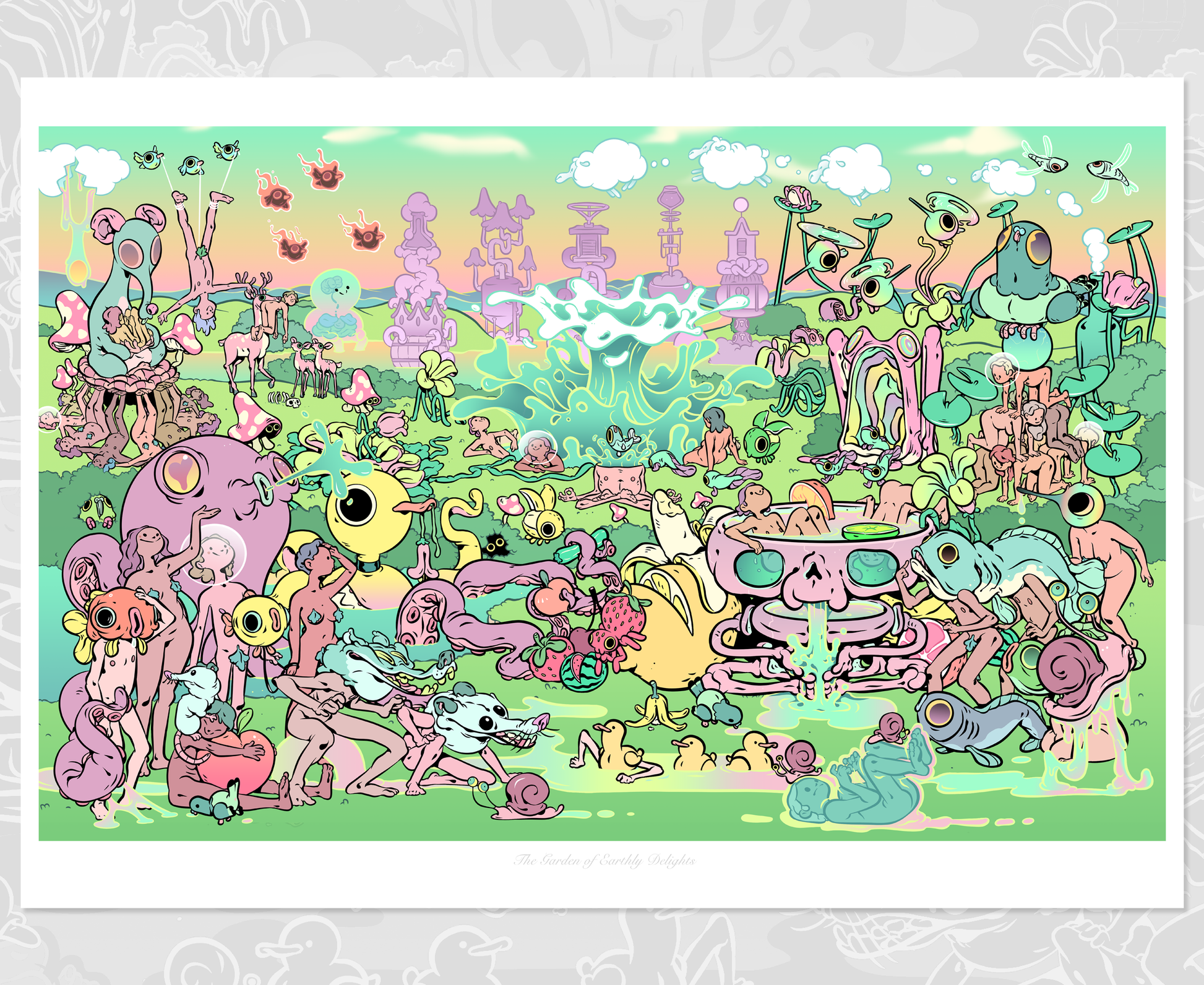 Earthly Delights art print by Twei, featuring intricate, colorful scenes inspired by surreal and natural elements. Displayed in a clean, minimal frame to highlight its vivid details.