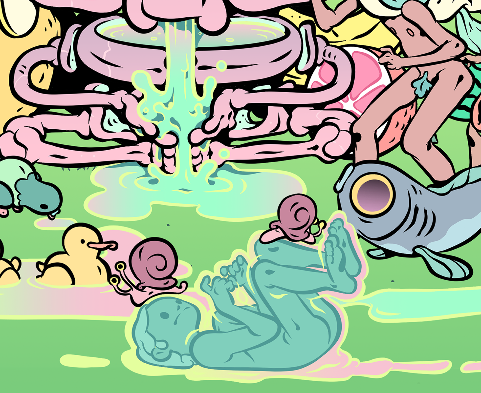 Earthly Delights art print by Twei, featuring intricate, colorful scenes inspired by surreal and natural elements. Displayed in a clean, minimal frame to highlight its vivid details.