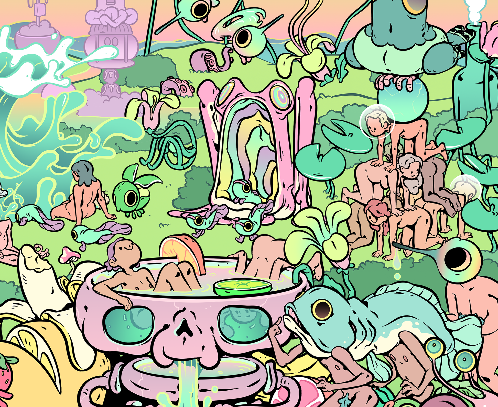 Earthly Delights art print by Twei, featuring intricate, colorful scenes inspired by surreal and natural elements. Displayed in a clean, minimal frame to highlight its vivid details.