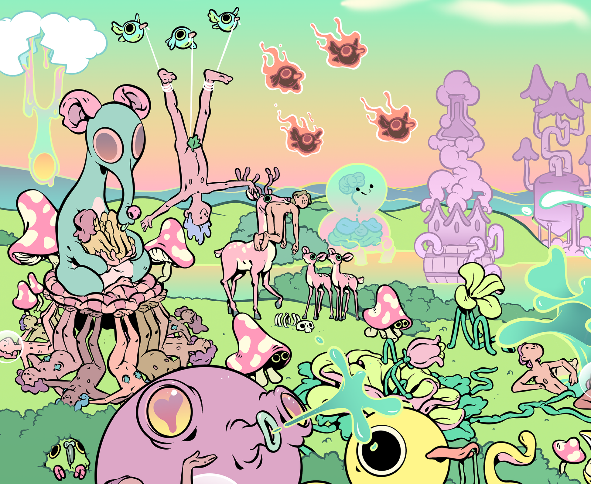 Earthly Delights art print by Twei, featuring intricate, colorful scenes inspired by surreal and natural elements. Displayed in a clean, minimal frame to highlight its vivid details.
