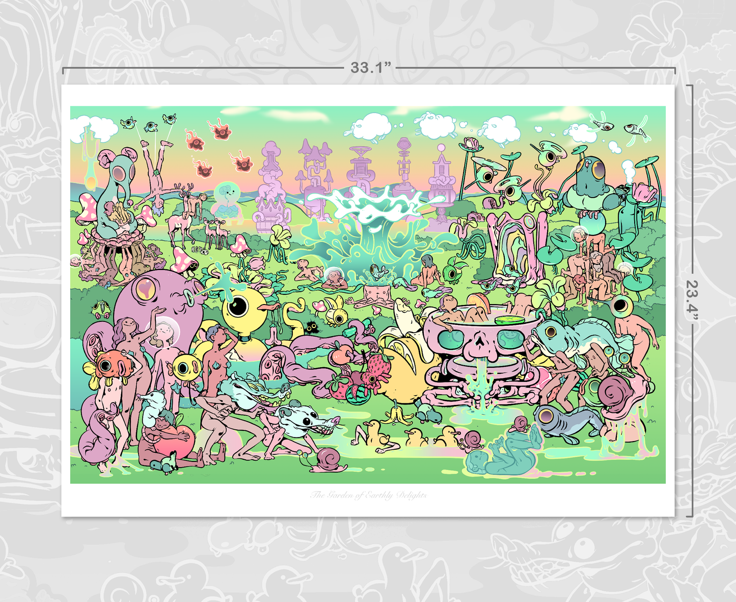 Earthly Delights art print by Twei, featuring intricate, colorful scenes inspired by surreal and natural elements. Displayed in a clean, minimal frame to highlight its vivid details.