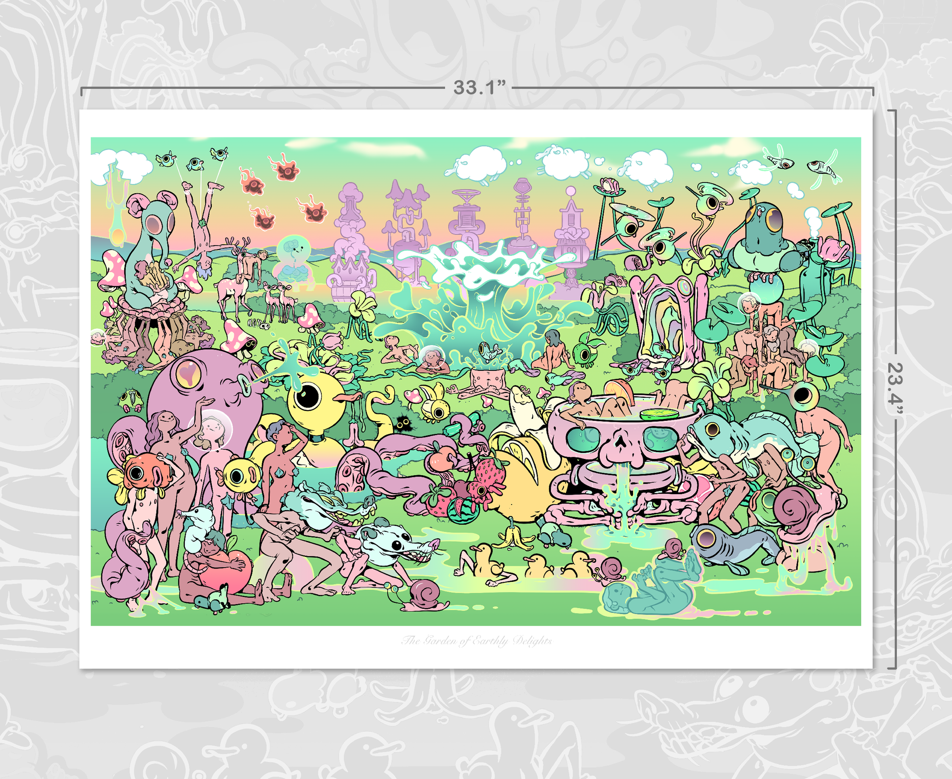 Earthly Delights art print by Twei, featuring intricate, colorful scenes inspired by surreal and natural elements. Displayed in a clean, minimal frame to highlight its vivid details.